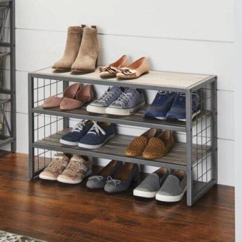 DESCRIPTION: DECORATIVE GUNMETAL GREY WOOD AND METAL SHOE RACK BRAND/MODEL: BETTER HOMES & GARDENS RETAIL$: $34.97 SIZE: 30"X12"X18" QTY: 1