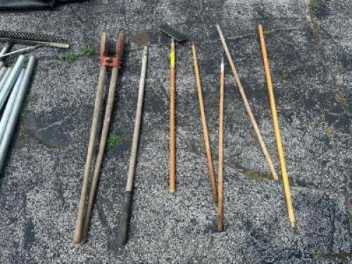 POST DIGGER AND ASSORTED LAWN TOOLS AND POLES