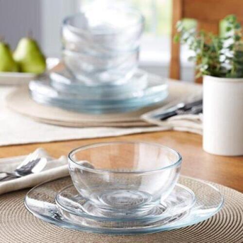 DESCRIPTION: 12PC ROUND CLEAR GLASS DINNERWARE SET BRAND/MODEL: MAINSTAYS RETAIL$: $25.86 QTY: 1