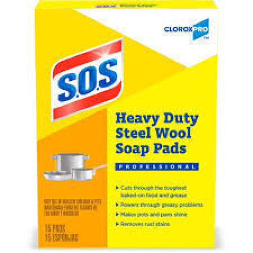 DESCRIPTION: (3) BOXES OF (15) HEAVY DUTY STEEL WOOL SOAP PADS BRAND/MODEL: CLOROX PRO SOS RETAIL$: $34.17 QTY: 3