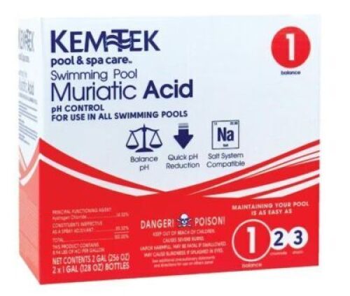 DESCRIPTION: (2) MURIATIC ACID BRAND/MODEL: KEMTEK POOL AND SPA SIZE: 1 GALLON RETAIL$: $15.98 QTY: 2