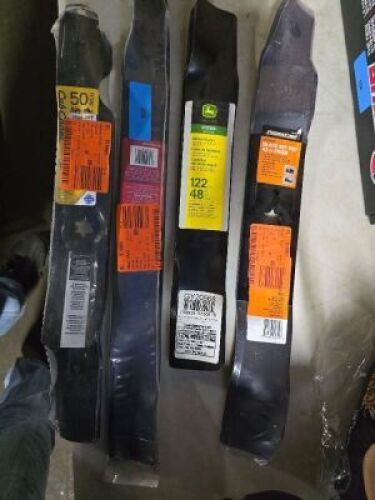 DESCRIPTION: (4) DIFFERENT LAWN MOWER BLADES BRAND/MODEL: TORO, JOHN DEERE, CUB CADET SIZE: 48/42/46 RETAIL$: $100.00 EA QTY: 4