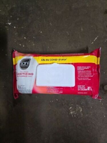 DESCRIPTION: (6) NO RINSE SANITIZING WIPES BRAND/MODEL: SANI PROFESSIONAL SIZE: 72 WIPES PER CONTAINER RETAIL$: $60.00 QTY: 6