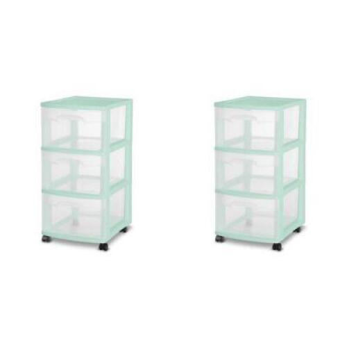 DESCRIPTION: 2CT SET OF 3-DRAWER PLASTIC STORAGE CARTS IN MINT BRAND/MODEL: STERILITE RETAIL$: $31.98 SIZE: 14-1/2"X12-5/8"X25-5/8" QTY: 1