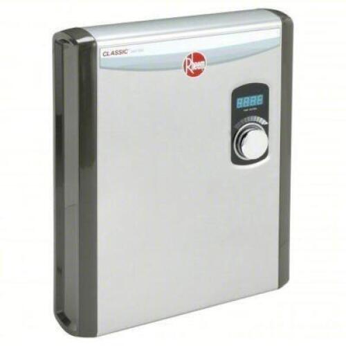DESCRIPTION: (1) ELECTRIC TANKLESS WATER HEATER BRAND/MODEL: RHEEM #53UJ86 INFORMATION: INDOOR, 18,000 W, 4.4 GPM MAX. FLOW RATE, 18.25 IN OVERALL HT