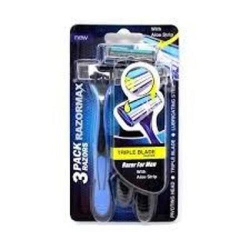 DESCRIPTION: (5) PACKS OF (3) MENS RAZORS WITH ALOE STRIP BRAND/MODEL: RAZORMAX #SB3340BLUE INFORMATION: BLUE SIZE: 3 BLADES RETAIL$: $6.50 EA QTY: 5