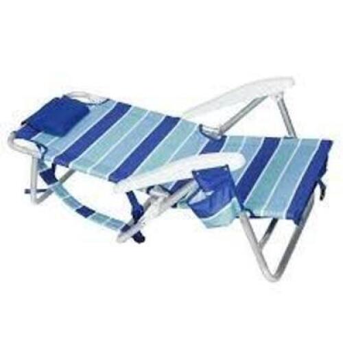 DESCRIPTION: (1) RECLINING & LAY FLAT BACKPACK BEACH CHAIR BRAND/MODEL: MAINSTAYS INFORMATION: BLUE STRIPES RETAIL$: $39.96 EA QTY: 1
