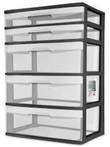 DESCRIPTION: (1) WIDE TOWER SET OF STORAGE DRAWERSBRAND/MODEL: STERILITE&nbsp;INFORMATION: BLACK, TRANSPARENT DRAWERS, 5 DRAWERS, NO WHEELSSIZE:&nbsp;15 1/4" x 21 7/8" x 31 3/4"RETAIL$: $29.97 EAQTY: 1