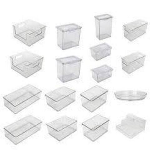 DESCRIPTION: (1) CLEAR BIN STORAGE KIT BRAND/MODEL: THE HOME EDIT INFORMATION: CLEAR, 17 PIECES SIZE: THE LARGE PACK RETAIL$: $59.00 EA QTY: 1