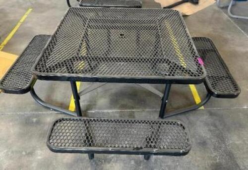 DESCRIPTION SQUARE EXPANDED STEEL PICNIC TABLE. ADDITIONAL INFORMATION RETAILS NEW FOR $2800 SIZE TABLE TOP 46" X 46" X 26" T LOCATION SHOP EAST QTY 1