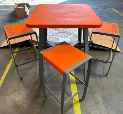 DESCRIPTION 32" X 32" STEEL OUTDOOR PUB TABLE W/ (3) BACKLESS BAR STOOL SEATS. ADDITIONAL INFORMATION RETAILS NEW FOR $6000 LOCATION SHOP EAST QTY 1