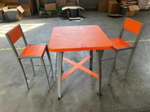 DESCRIPTION 32" X 32" STEEL OUTDOOR PUB TABLE W/ (2) BAR STOOL SEATS. ADDITIONAL INFORMATION RETAILS NEW FOR $5000 LOCATION SHOP EAST QTY 1