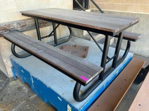 DESCRIPTION 72" PICNIC TABLE W/ METAL BASE AND ENGINEERED WOOD TOP AND SEATS. LOCATION LOADING DOCK QTY 1