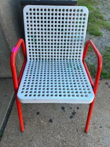 DESCRIPTION (1) METAL PATIO CHAIR W/ PERFORATED SEAT AND RED LEGS LOCATION LOADING DOCK QTY 1