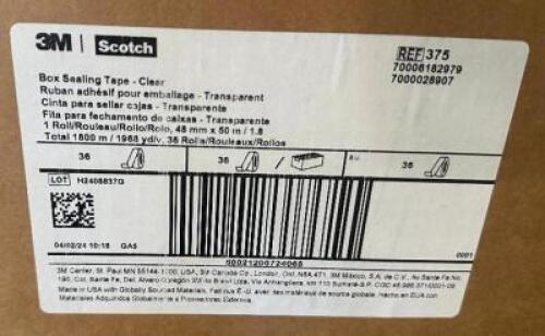DESCRIPTION (3) CASES OF 3M BOX SEALING TAPE ADDITIONAL INFORMATION 36 ROLLS PER CASE THIS LOT IS: SOLD BY THE PIECE LOCATION SHOP EAST QTY 3