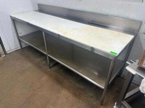 DESCRIPTION 94" X 30" STAINLESS MEAT ROOM TABLE W/ CUTTING BOARD TOP AND 6" BACK SPLASH. ADDITIONAL INFORMATION CONTENTS ARE NOT INCLUDED SIZE 94" X 3