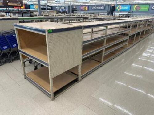 DESCRIPTION (48) FEET OF DOUBLE SIDED LIGHT DUTY 48" X 24" METAL STORE SHELVING. W/ (2) END CAPS ADDITIONAL INFORMATION THIS LOT IS SOLD BY THE FOOT L