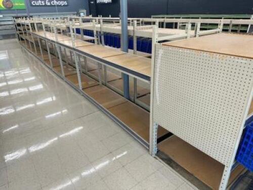 DESCRIPTION (48) FEET OF DOUBLE SIDED LIGHT DUTY 48" X 24" METAL STORE SHELVING. W/ (2) END CAPS ADDITIONAL INFORMATION THIS LOT IS SOLD BY THE FOOT L