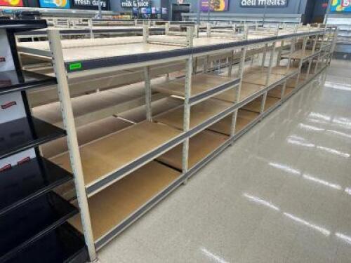 DESCRIPTION (38) FEET OF DOUBLE SIDED LIGHT DUTY 48" X 24" METAL STORE SHELVING. ADDITIONAL INFORMATION THIS LOT IS SOLD BY THE FOOT LOCATION FRONT QT