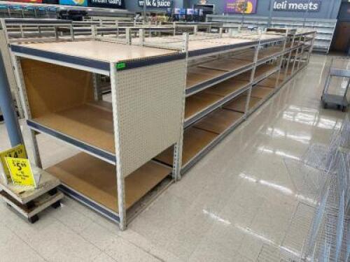 DESCRIPTION (40) FEET OF DOUBLE SIDED LIGHT DUTY 48" X 24" METAL STORE SHELVING. ADDITIONAL INFORMATION THIS LOT IS SOLD BY THE FOOT LOCATION FRONT QT