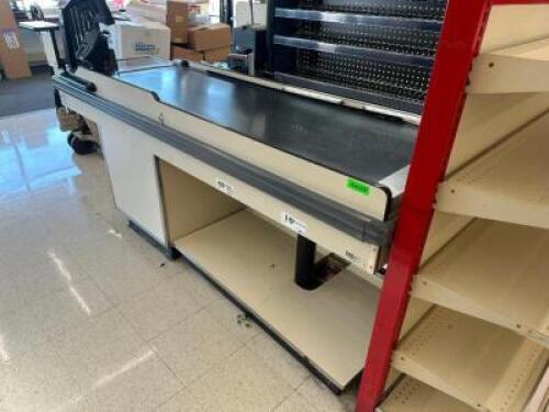 DESCRIPTION DGS STORE FIXTURES MODEL TEX 92" CONVEYOR CHECK OUT LANE. BRAND / MODEL: DGS STORE FIXTURES MODEL TEX ADDITIONAL INFORMATION 120 VOLT, 1 P