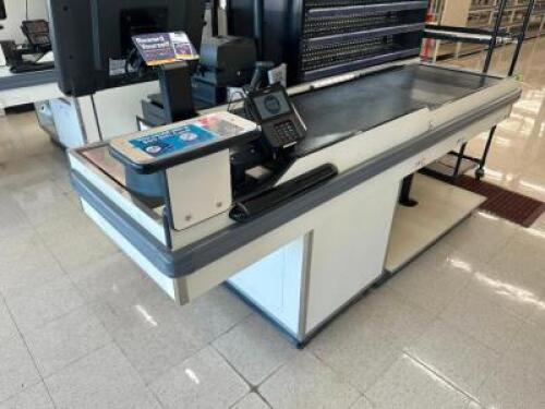 DESCRIPTION DGS STORE FIXTURES MODEL TEX 92" CONVEYOR CHECK OUT LANE. BRAND / MODEL: DGS STORE FIXTURES MODEL TEX ADDITIONAL INFORMATION 120 VOLT, 1 P