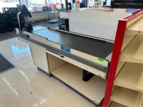 DESCRIPTION DGS STORE FIXTURES MODEL TEX 92" CONVEYOR CHECK OUT LANE. BRAND / MODEL: DGS STORE FIXTURES MODEL TEX ADDITIONAL INFORMATION 120 VOLT, 1 P