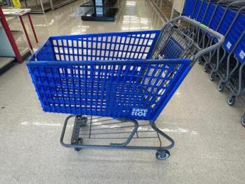 DESCRIPTION (16) BLUE PLASTIC SHOPPING CARTS ADDITIONAL INFORMATION IN GOOD CONDITION THIS LOT IS: SOLD BY THE PIECE LOCATION FRONT QTY 16