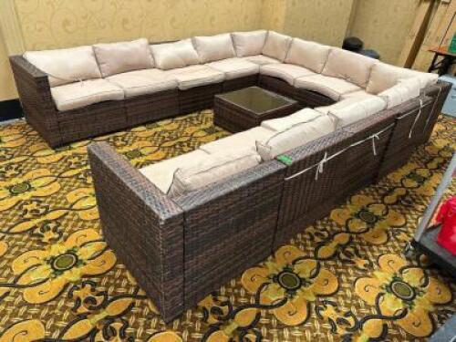 DESCRIPTION (14) PIECE WICKER OUTDOOR PATIO SECTION W/ (1) OTTOMAN ADDITIONAL INFORMATION EACH SECTION IS 24" AND COMES WITH CUSHIONS LOCATION BANQUET
