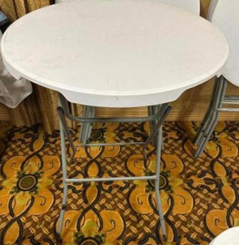 DESCRIPTION (2) 30" ROUND FOLDING PUB TABLES THIS LOT IS: SOLD BY THE PIECE SIZE 30" LOCATION BANQUET ROOM TABLE 4 QTY 2