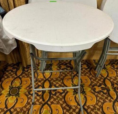 DESCRIPTION (3) 30" ROUND FOLDING PUB TABLES THIS LOT IS: SOLD BY THE PIECE SIZE 30" LOCATION BANQUET ROOM TABLE 4 QTY 3