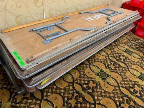 DESCRIPTION (3) 8' WOODEN FOLDING BANQUET TABLE. ADDITIONAL INFORMATION SECOND DAY PICK UP ONLY. CONTENTS ARE NOT INCLUDED. ALL FOLDING TABLES ARE DIF