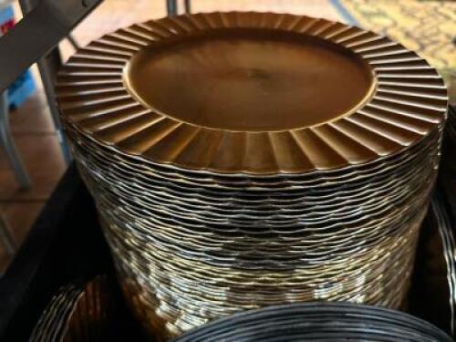 DESCRIPTION (60) 13" GOLD PLASTIC CHARGERS. THIS LOT IS: SOLD BY THE PIECE LOCATION BANQUET ROOM TABLE 1 QTY 60