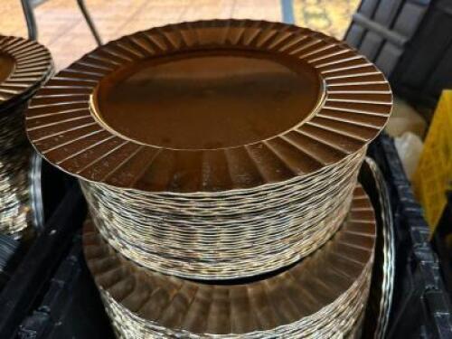 DESCRIPTION (60) 13" GOLD PLASTIC CHARGERS. THIS LOT IS: SOLD BY THE PIECE LOCATION BANQUET ROOM TABLE 1 QTY 60