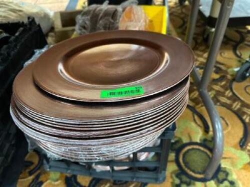 DESCRIPTION (12) 13" GOLD PLASTIC CHARGERS. THIS LOT IS: SOLD BY THE PIECE LOCATION BANQUET ROOM TABLE 1 QTY 12
