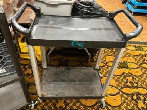 DESCRIPTION TWO TIER BLACK PLASTIC UTILITY CART LOCATION BANQUET ROOM TABLE 1 QTY 1