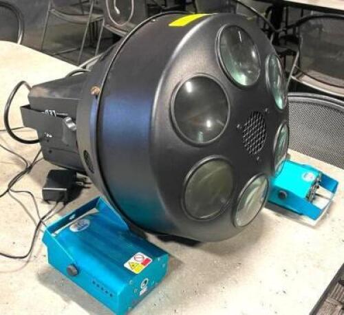 DESCRIPTION: AMERICAN DJ MYSTIC LED MOONFLOWER EFFECT LIGHT SHOW INFORMATION: INCLUDES: (2) LASER LIGHT UNITS AS SHOWN IN PHOTOS LOCATION: DINING AREA