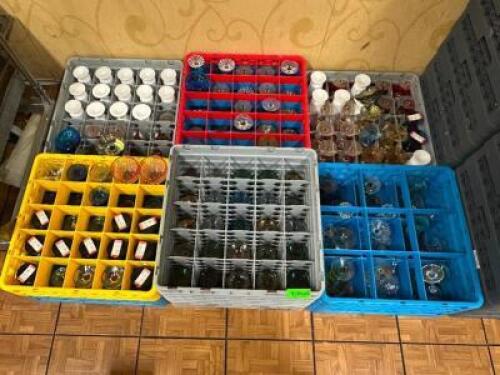 DESCRIPTION (1) LOT OF 6 ASSORTED GLASS RACKS W/ CONTENTS - NON MATCHING GLASSES THIS LOT IS: ONE MONEY LOCATION BANQUET ROOM TABLE 1 QTY 1