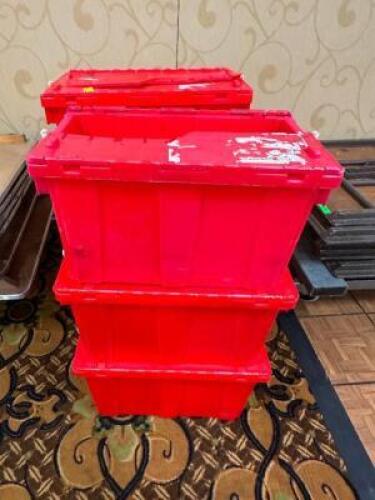 DESCRIPTION (6) RED PLASTIC STORAGE TOTES THIS LOT IS: SOLD BY THE PIECE LOCATION BANQUET ROOM TABLE 1 QTY 6