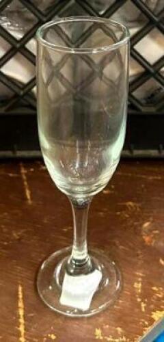 DESCRIPTION: (25) CHAMPAGNE FLUTES WITH GLASS RACK LOCATION: BANQUET HALL QTY: 25