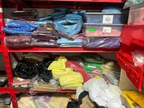 DESCRIPTION CONTENTS OF SHELF - ASSORTED LINENS, CHAIR COVERS, AND TABLE SKIRTS ADDITIONAL INFORMATION ASSORTED COLORS AND SIZES THIS LOT IS: ONE MONE