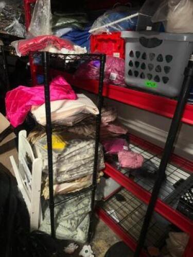 DESCRIPTION CONTENTS OF SHELF - ASSORTED LINENS, CHAIR COVERS, AND TABLE SKIRTS ADDITIONAL INFORMATION ASSORTED COLORS AND SIZES THIS LOT IS: ONE MONE