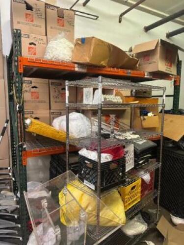 DESCRIPTION CONTENTS OF SHELF - ASSORTED LINENS, CHAIR COVERS, AND SKIRTS ADDITIONAL INFORMATION ASSORTED COLORS AND SIZES THIS LOT IS: ONE MONEY LOCA