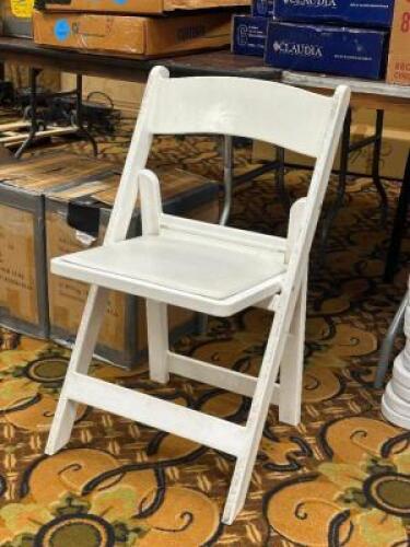 DESCRIPTION: (25) - WHITE RESIN FOLDING DINNING CHAIRS ADDITIONAL INFORMATION: ASSORTED CONDITIONS. DOLLY NOT INCLUDED. THIS LOT IS: SOLD BY THE PIECE