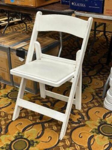 DESCRIPTION: (20) - WHITE RESIN FOLDING DINNING CHAIRS ADDITIONAL INFORMATION: ASSORTED CONDITIONS. DOLLY NOT INCLUDED. THIS LOT IS: SOLD BY THE PIECE