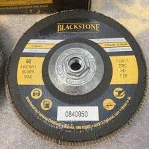 DESCRIPTION: (3) BOXES OF (5) FLAP DISC BRAND/MODEL: BLACKSTONE # 0812640 INFORMATION: ZIRC, 80 GRIT, TYPE 29 SIZE: 4-1/2" X 5/8"-11 QTY: 3