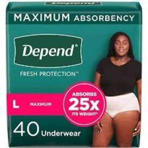 DESCRIPTION: (2) BOXES OF (40) FLEX FIT UNDERWEAR FOR INCONTINENCE BRAND/MODEL: DEPENDS SIZE: SIZE LARGE RETAIL$: $30.00 EA QTY: 2