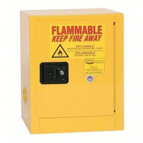 DESCRIPTION: (1) FLAMMABLES SAFETY CABINETBRAND/MODEL: EAGLE #1904XINFORMATION: YELLOW, 4 GAL CAPACITYSIZE:&nbsp;17 in x 17 in x 22 inRETAIL$: $808.28 EAQTY: 1