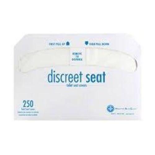 DESCRIPTION: (2) BOXES OF HALF-FOLD TOILET SEAT COVERS BRAND/MODEL: DISCREET SEAT #DS-5000 INFORMATION: 1/2 FOLD, 250 SHEETS, WHITE SIZE: 16 3/4 IN X