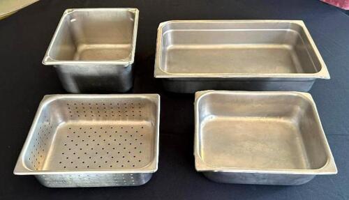 DESCRIPTION: (4) ASSORTED STAINLESS PANS SIZE: SEE PHOTOS LOCATION: 6TH FLOOR QTY: 4